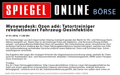 Spiegel Online: Ozon adé: Tatortreiniger revolutioniert Fahrzeug-Desinfektion